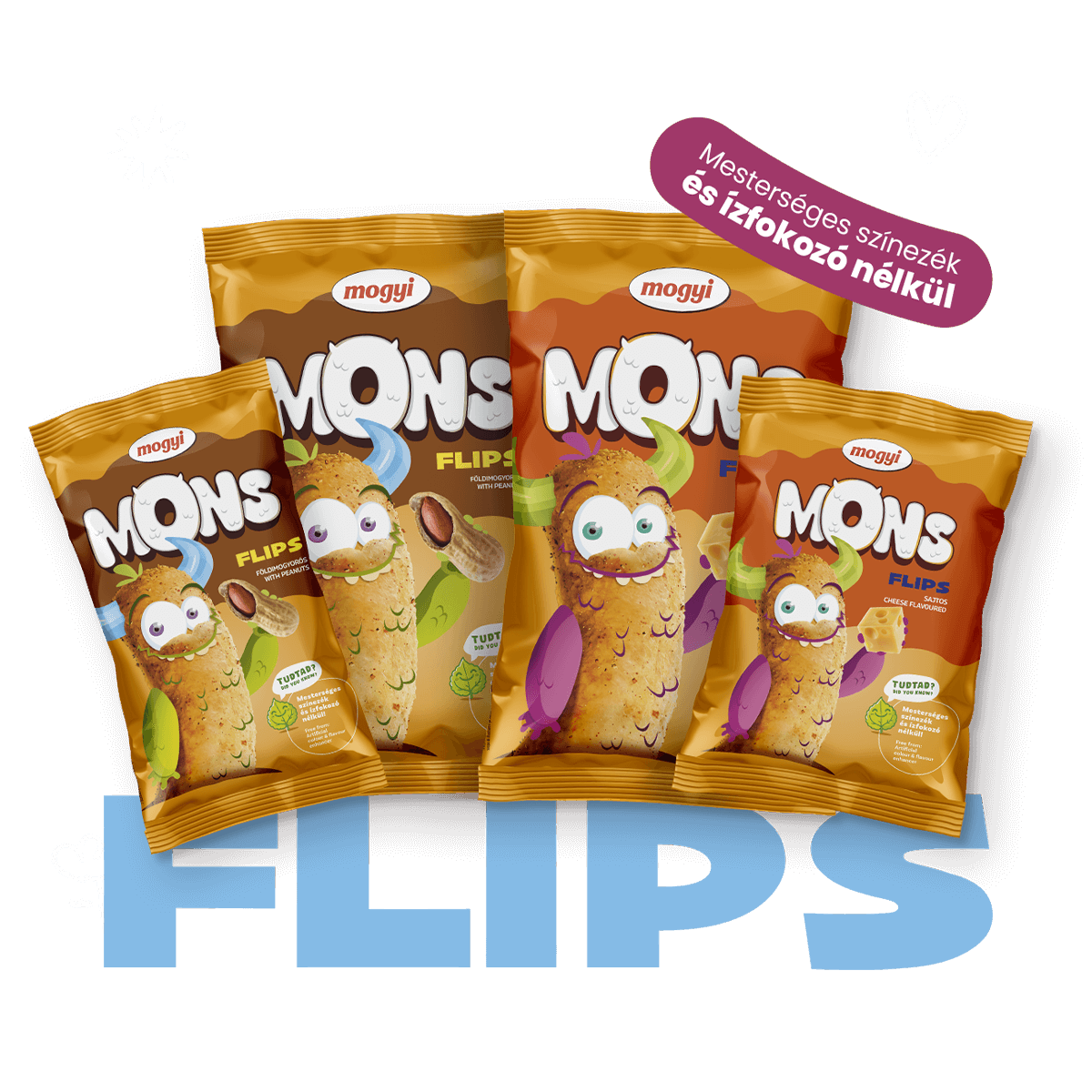 Mogyi - MONS, Flips extrudált kukorica snack, Sajtos, Földimogyorós