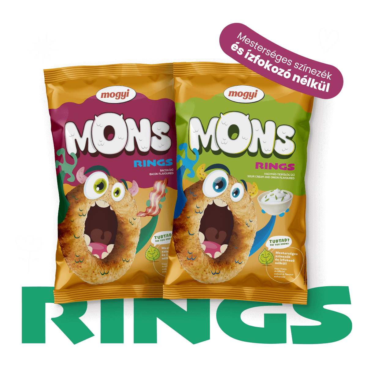 Mogyi - MONS, Rings extrudált kukorica snack, Bacon ízű, Hagymás-tejfölös ízű
